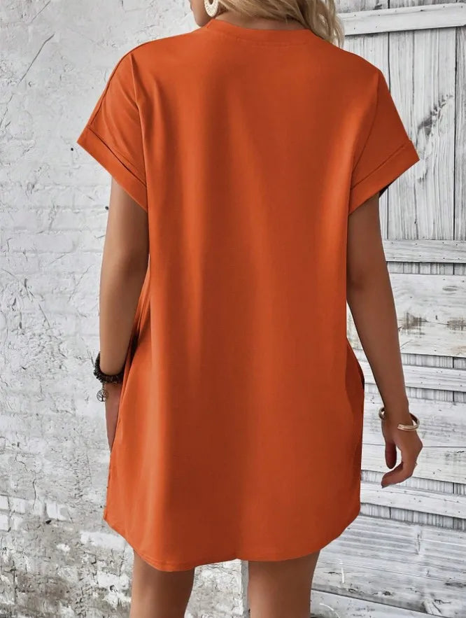 New women's spring and summer fashionable temperament casual commuting solid color round neck loose short sleeved pocket dress