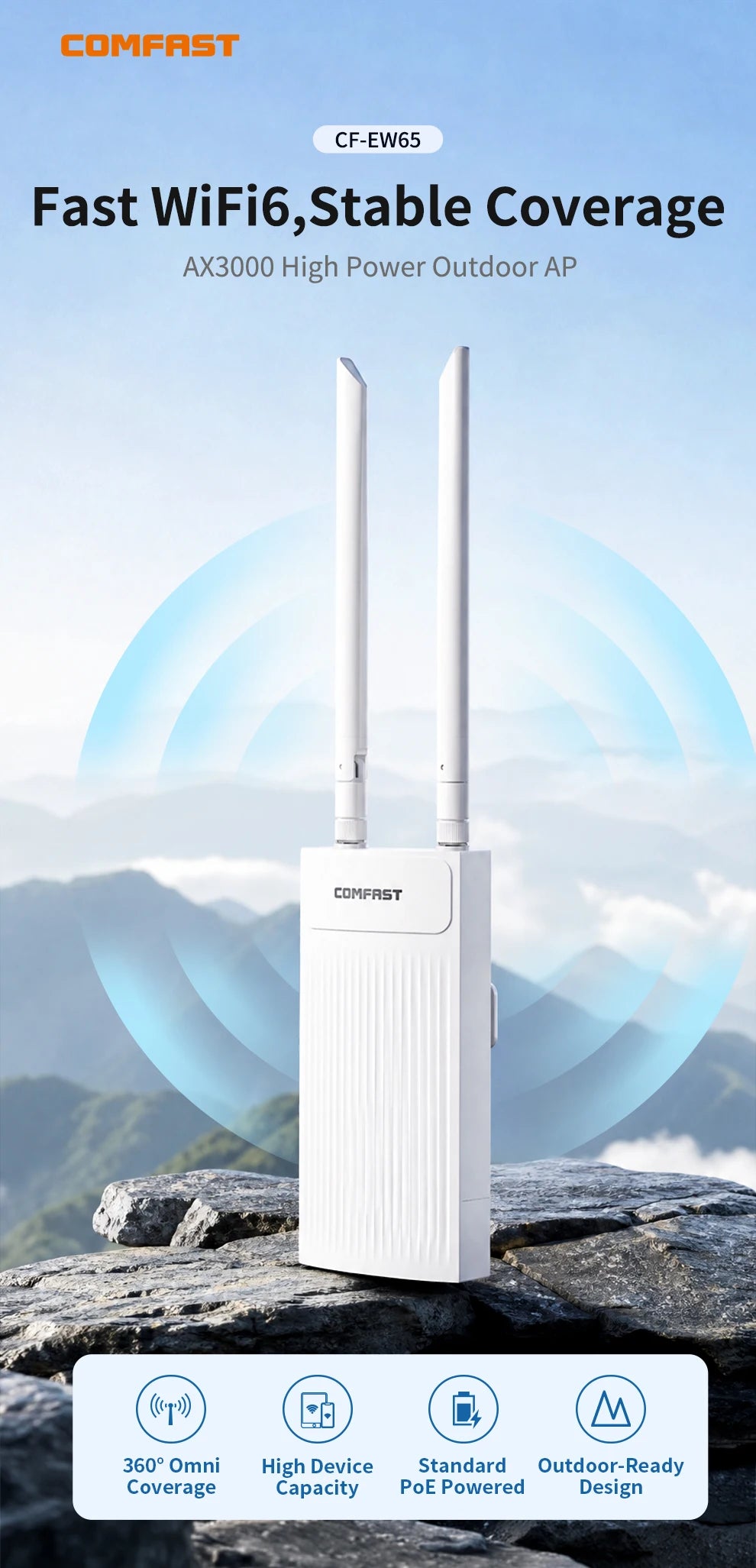 COMFAST 3000M Outdoor WiFi 6 Access Point Dual Band 2.4/ 5.8G High Power Outdoor AP IP66 Waterproof 48V PoE WiFi Base Station