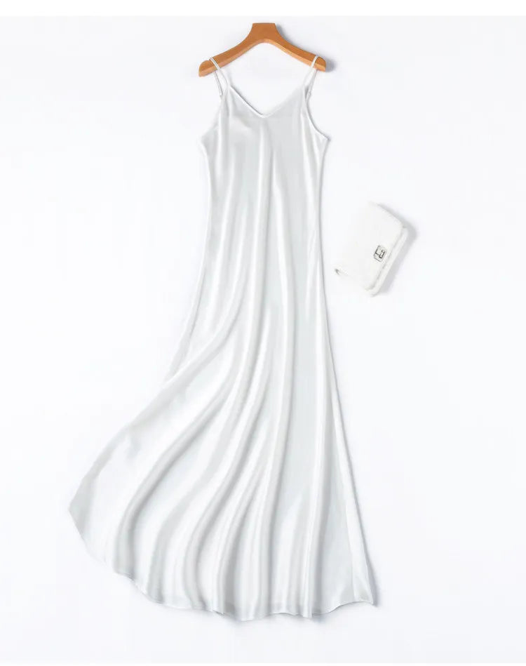 Tcyeek Woman Long Dress, 100%Real Silk, V Neck, Solid Spaghetti Strap Dresses, 2025 Elegant Chic Clothes