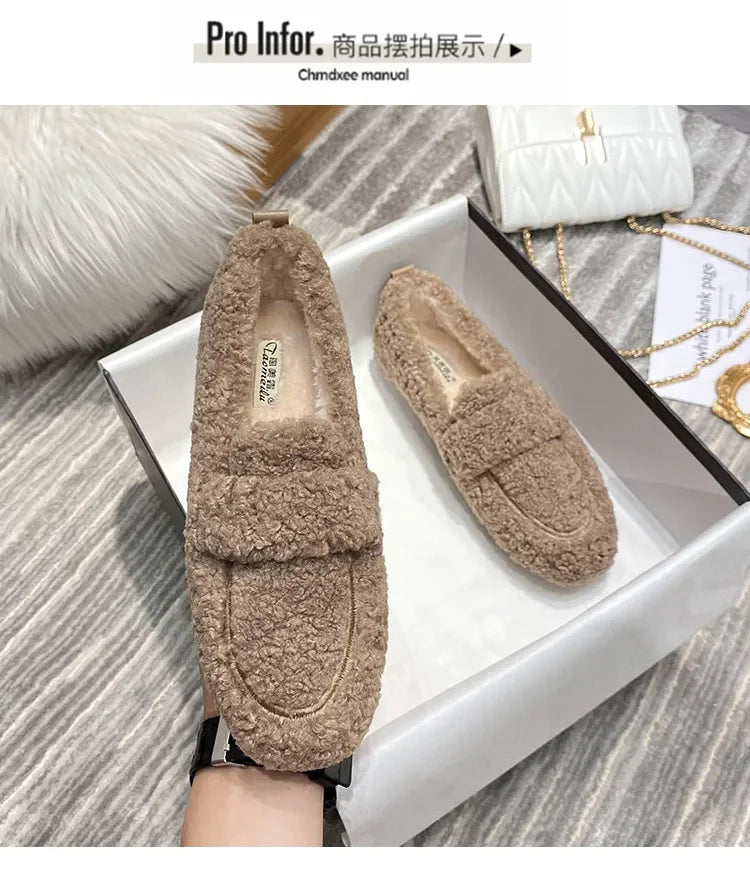 Lambwool Moccasins Femme Curly Sheep Fur Flats Woman Warm Plush Loafers Winter Cotton Shoes Women Furry Snow Boot