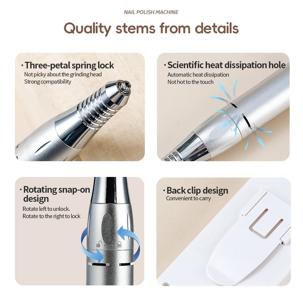 Professional 45000RPM Electric Portable Nail Drill Machine Rechargeable Low Noise Nail Sander File for Manicure Salon Tool