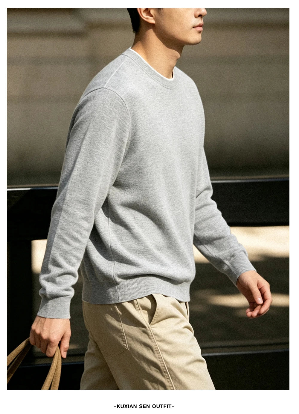 Men's Light Grey round Neck Knitted Sweater Long Sleeve Basic Style Commute Knitted Base Shirt Casual Comfortable Lenzing Fabric