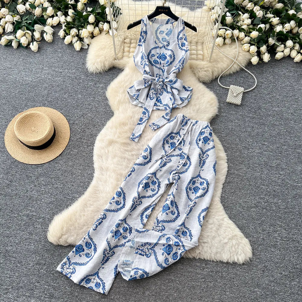SINGREINY Boho Print Vacation Suits Summer 2026 Sleeveless Lace Up Tank Top+Loose Wide Leg Pant Chic Lazy Casual Women 2pcs Sets