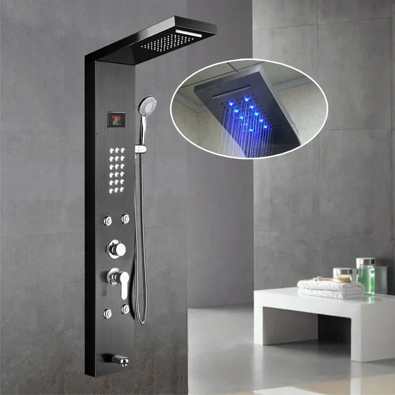 Luxury Black Color Thermostatic Led Rain Shower Head Bathroom Stainless Steel Wall Mounted Waterfall Shower Panels