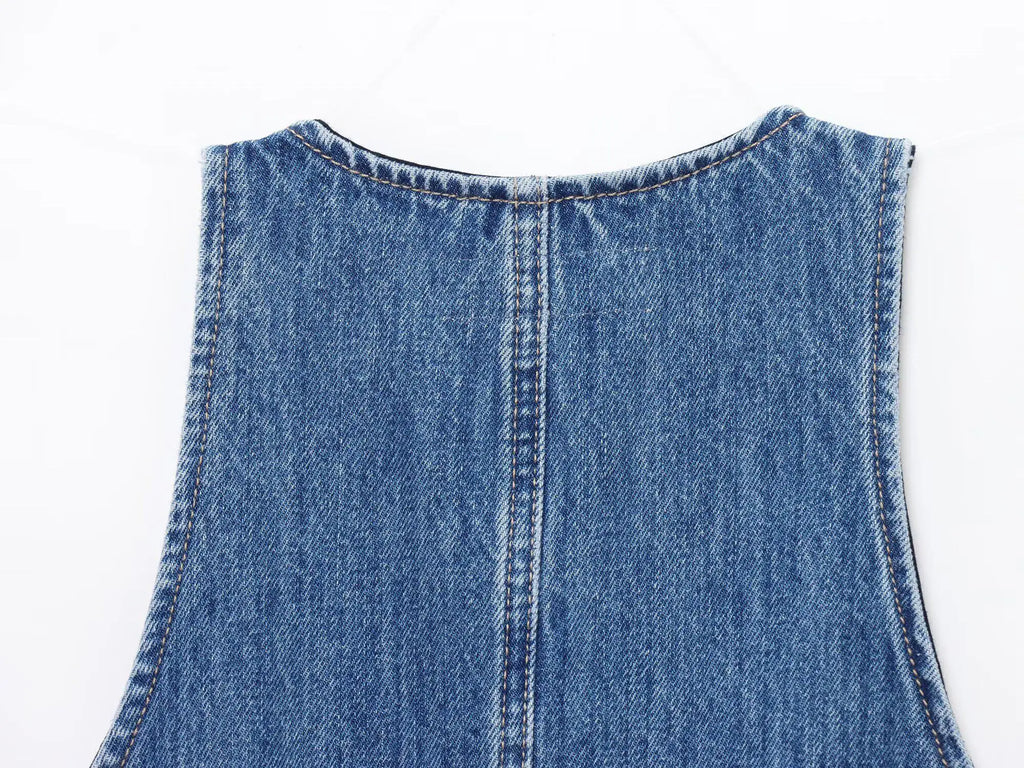 Women Denim Short Dress Round Neck Sleeveless Vest Style Single Breasted Design Solid Color Simple Daily Casual Versatile Dress