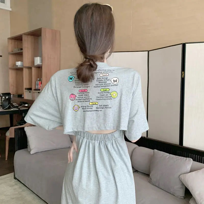 Summer Backless Split Hem Midi Dress Round Neck Short Sleeve Printing Ladies Dresses Korean Fashion Women Clothing
