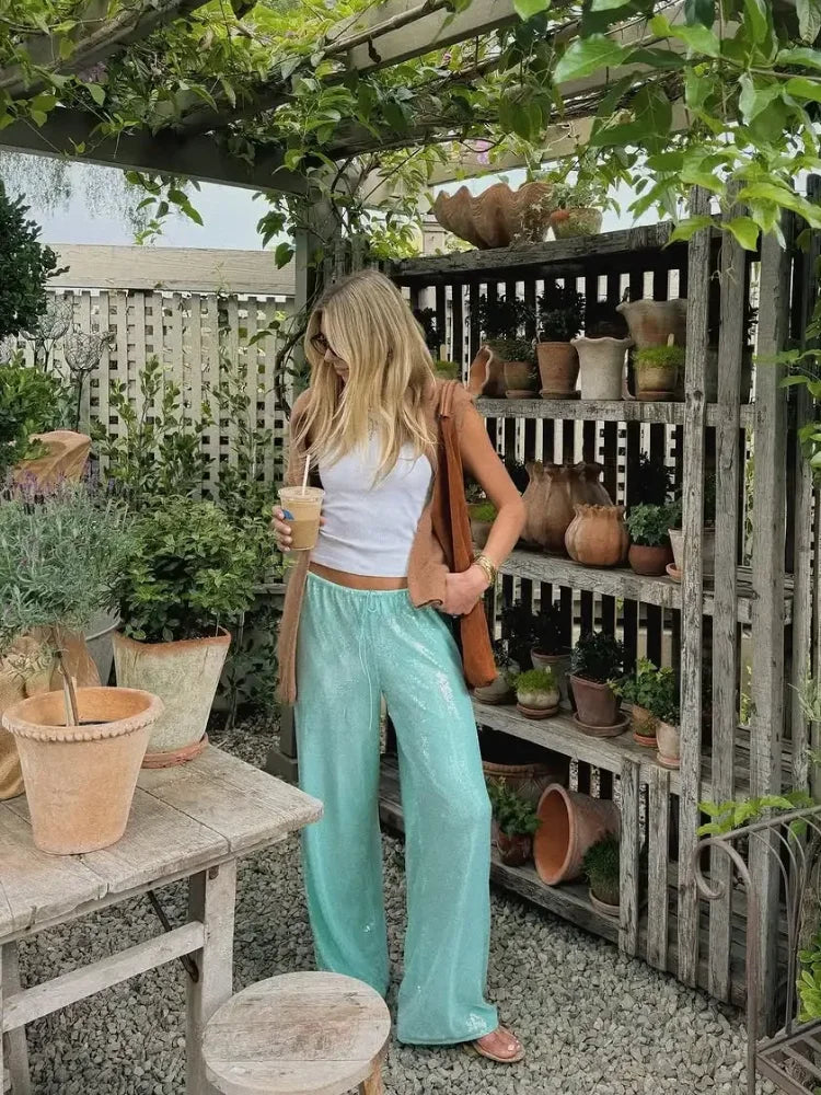 Solid Sequin Elastic Waist Pants Women Loose Fashion Lace Up Wide Leg Trousers Female 2026 Spring Summer Chic Streetwears Outfit