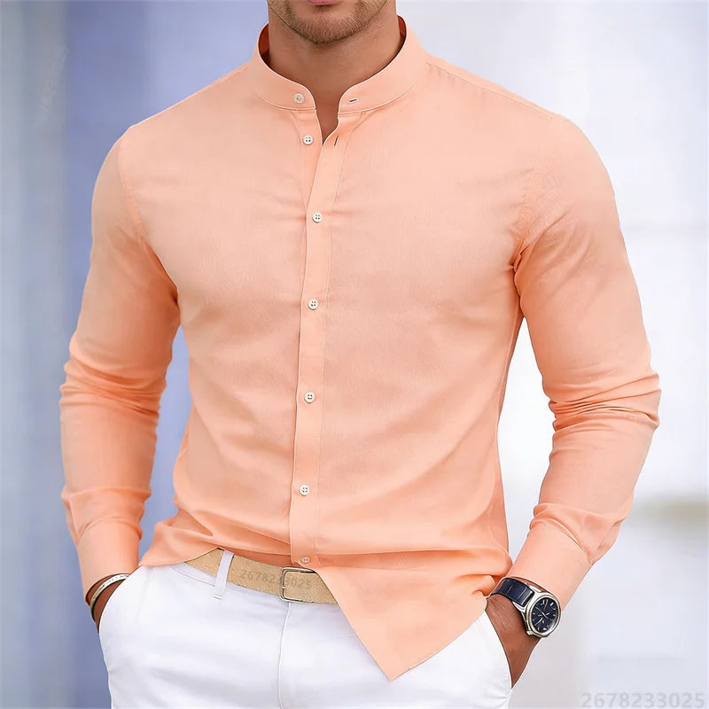 Men's stand-up collar white or black long-sleeved shirt, solid color shirt, slim fit business casual men's top, sizes XS-6XL.