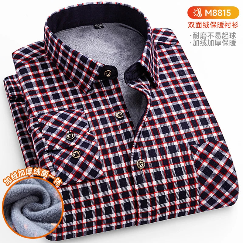 Winter Warm Shirts For Men Regular Fit Thicker Velvet Top Blouse Asia Plus Size Big Plaid Casual Clothing Long Sleeves Shirts