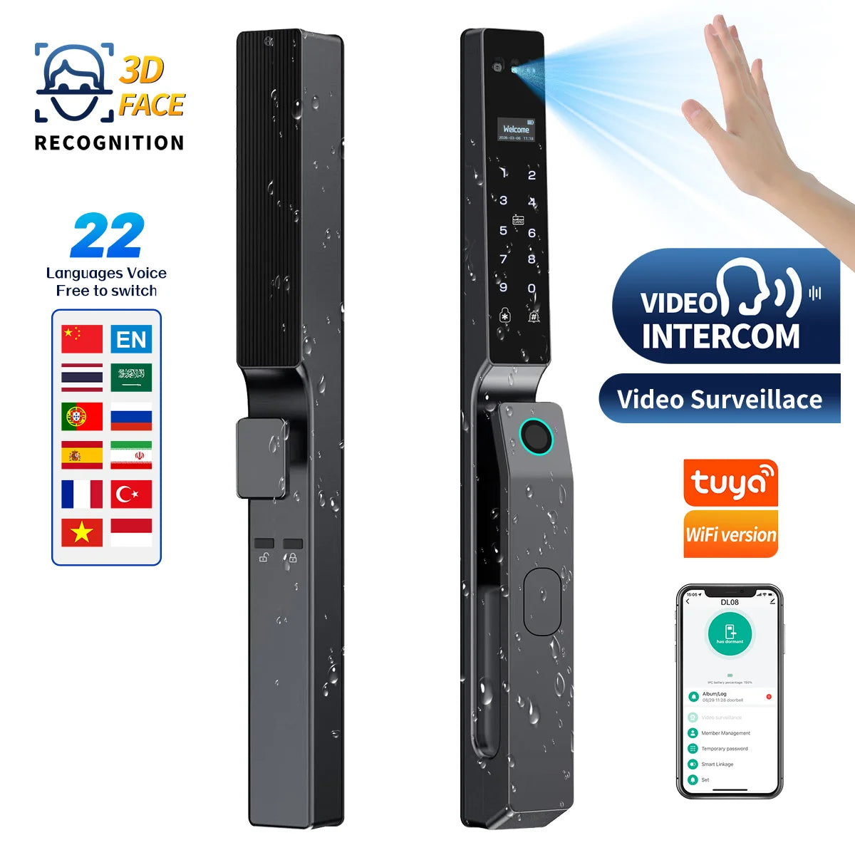 MYT Factory Waterproof Video Monitoring Intercom Face Recognition Tuya Smart Door Lock Fingerprint Locks For Villa