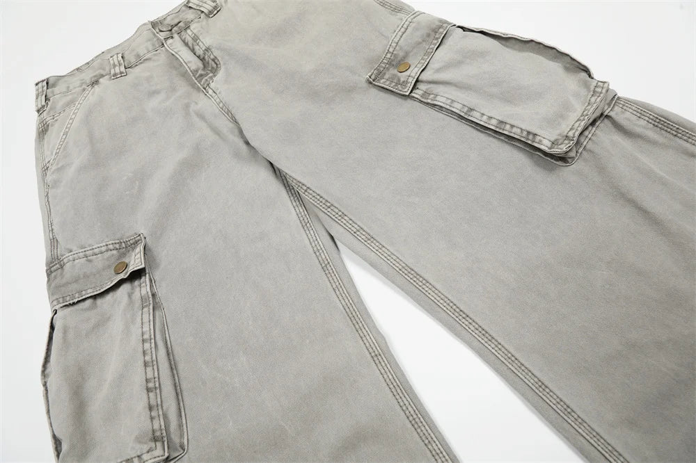 Multi-Pocket Cargo Jeans Mens Retro High Street Washed Distressed Straight Wide Leg Trousers Men