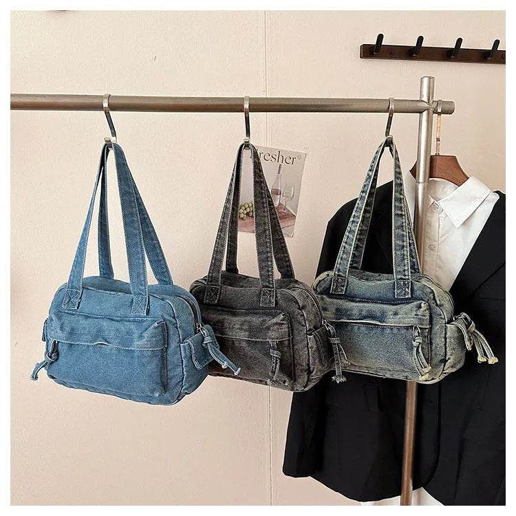 Trendy Vintage Denim Top Handle Bag Women Fashion Spring Shoulder Bag Casual Comfortable and Versatile Texture Storage Bag