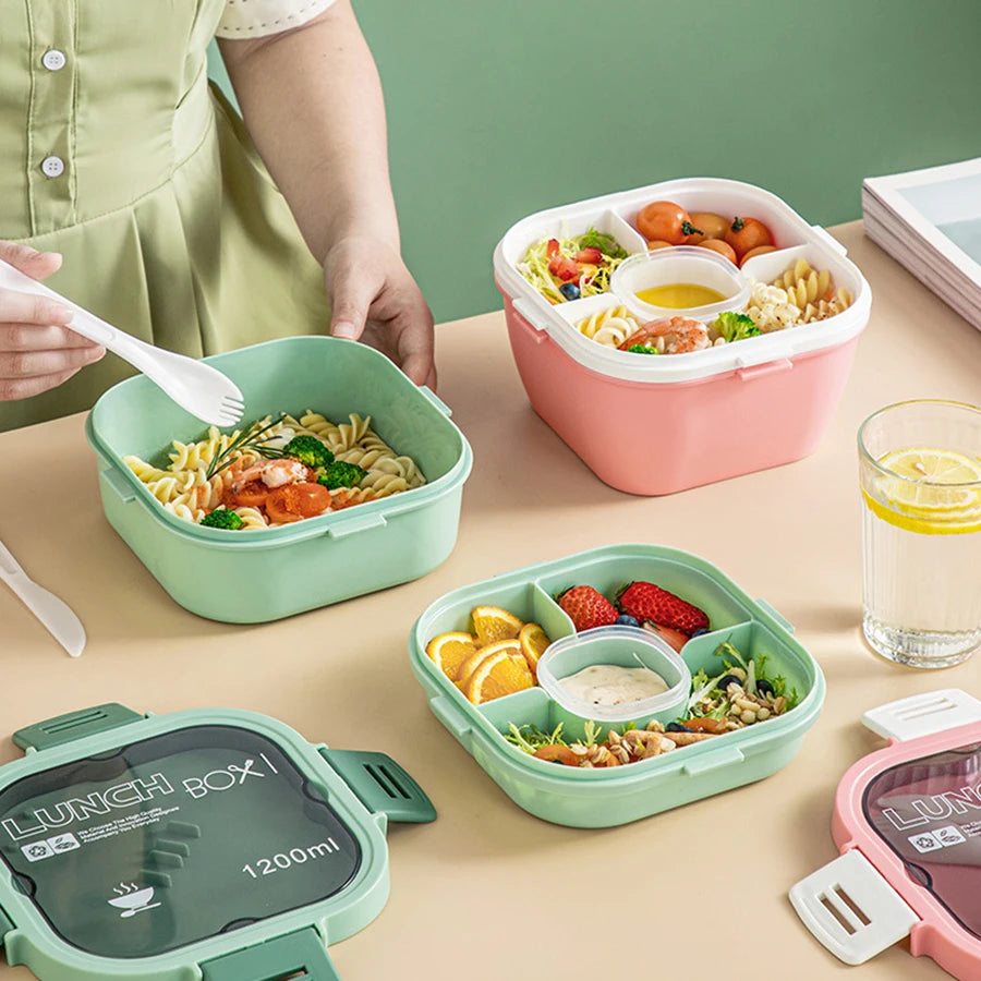 Double Stackable Lunch Box, 50 oz. Large Salad Bowl, 4 Compartment Tray, 3 oz. Sauce Container, Built-In Reusable Fork & Spoon