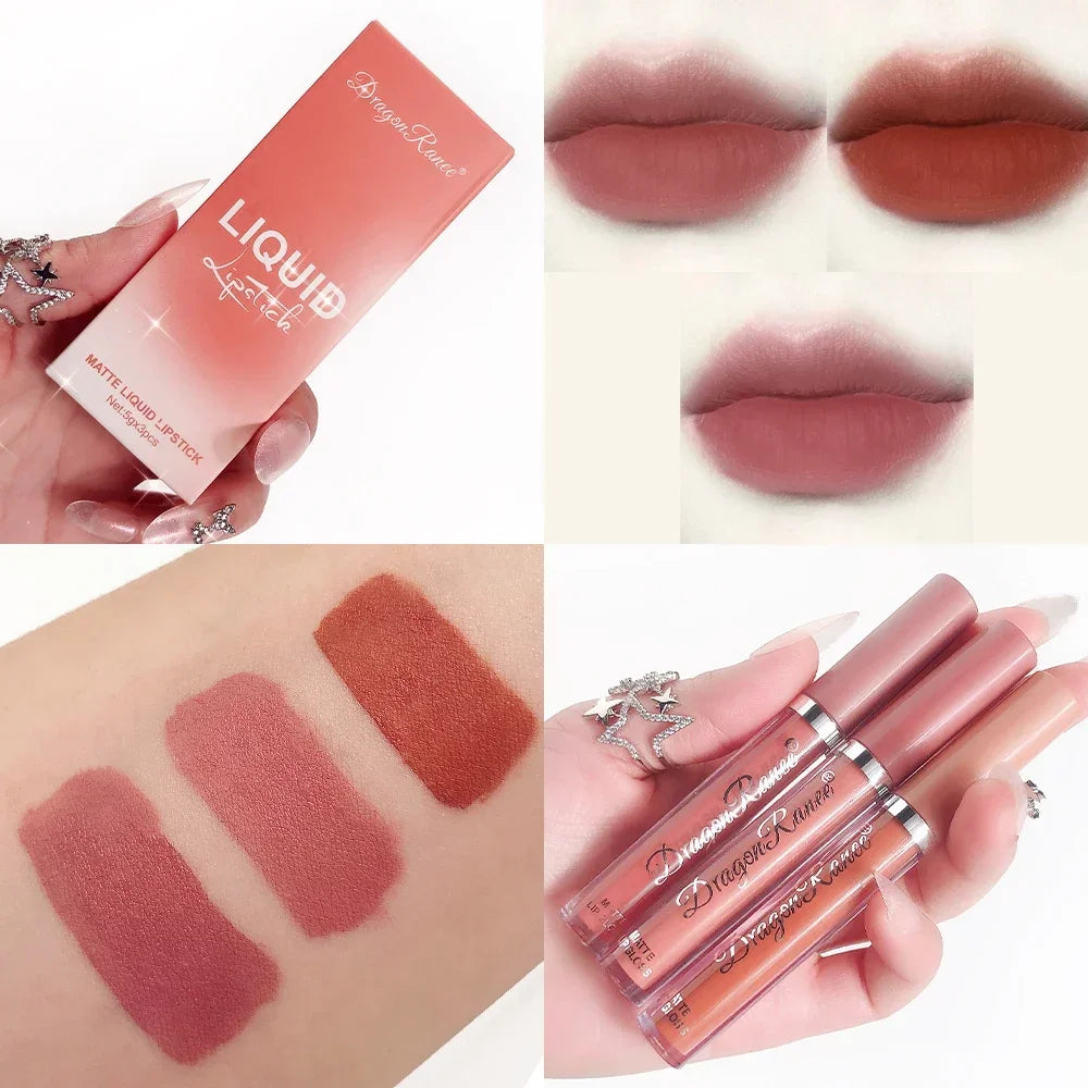 3Pcs Sexy Liquid Lipstick Set Matte Velvet Lip Gloss Bean Paste Lip Glaze Moisturize Long Lasting Lip Tint Makeup Cosmetic Kit