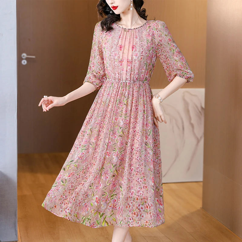 2025 Summer Floral Silk Beach Midi Sundress Women Boho Fashion Casual Light Dress Spring Korean Elegant Luxury Festival Vestidos