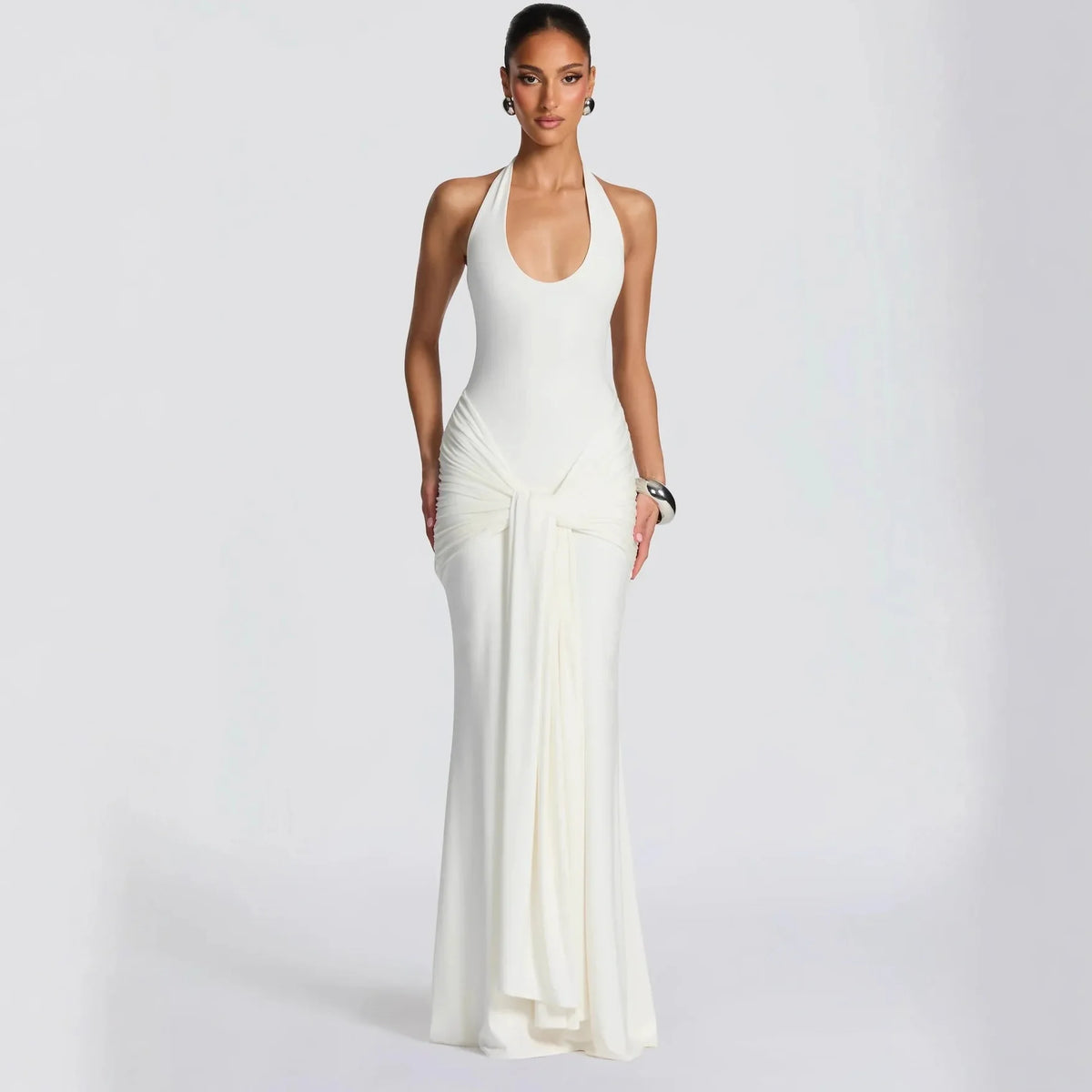 Summer Elegant Evening Dress Women Halter Neck Sleeveless Draped Mermaid Prom Gown Civil Wedding Engagement Party Dress