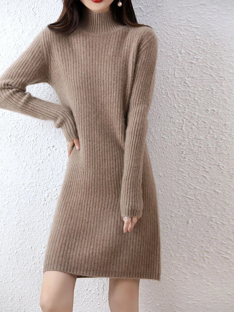 Fashion Cashmere Sweater Womens Knitted Dresses 100% Merino Wool Turtleneck Elegant Dress Autumn Winter Long Sleeve Short Skirts