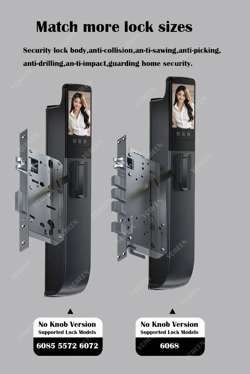 Tuya WiFi Video Intercom 3D Face Recognition Smart Lock, Biometric Camera Auto Keyless Lock for 5050 5072 5572 4585 6085 Mortise