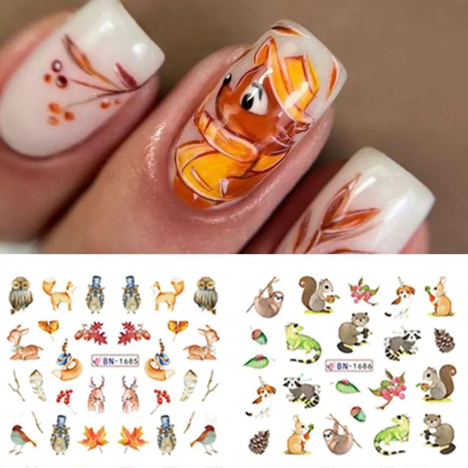 12Design Autumn Animal Nail Art Water Sticker Cartoon Owl Squirrel Fox Hedgehog Transfer Slider Fall Theme Fruits Manicure Decor