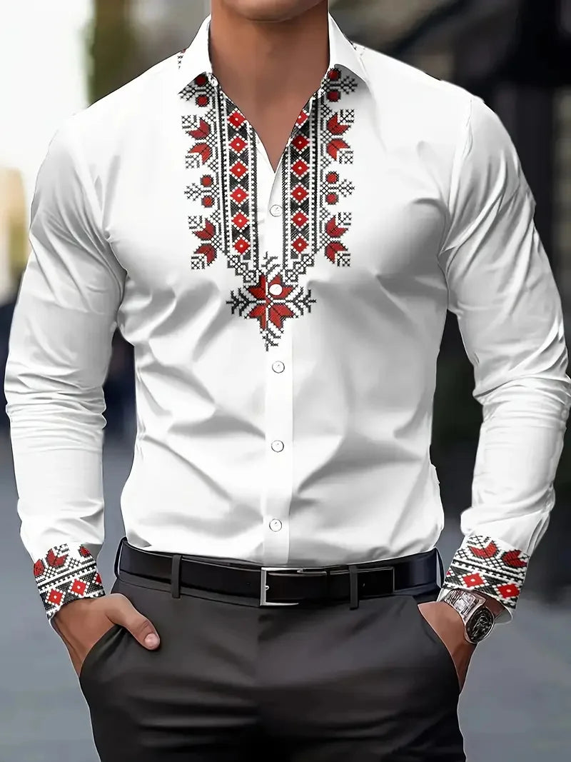 New Men's Long Sleeve Casual 3D Flower Printed Shirt Fashion Casual Spring Autumn Long Sleeve Flap Top