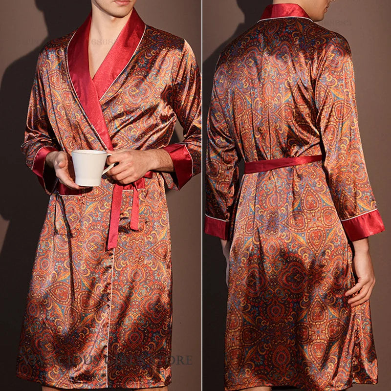 Pajama Men's Robe Kimono Gown Bathrobe with Pockets Print Sleepwear Home Clothing Spring Autumn Satin Nightwear Loose Loungewear