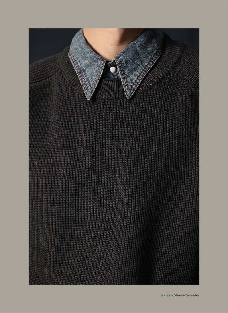 Classic Raglan Sleeve Crewneck Sweater Vintage Style Men's Wool Blend Knitted Pullover Jumper Thick