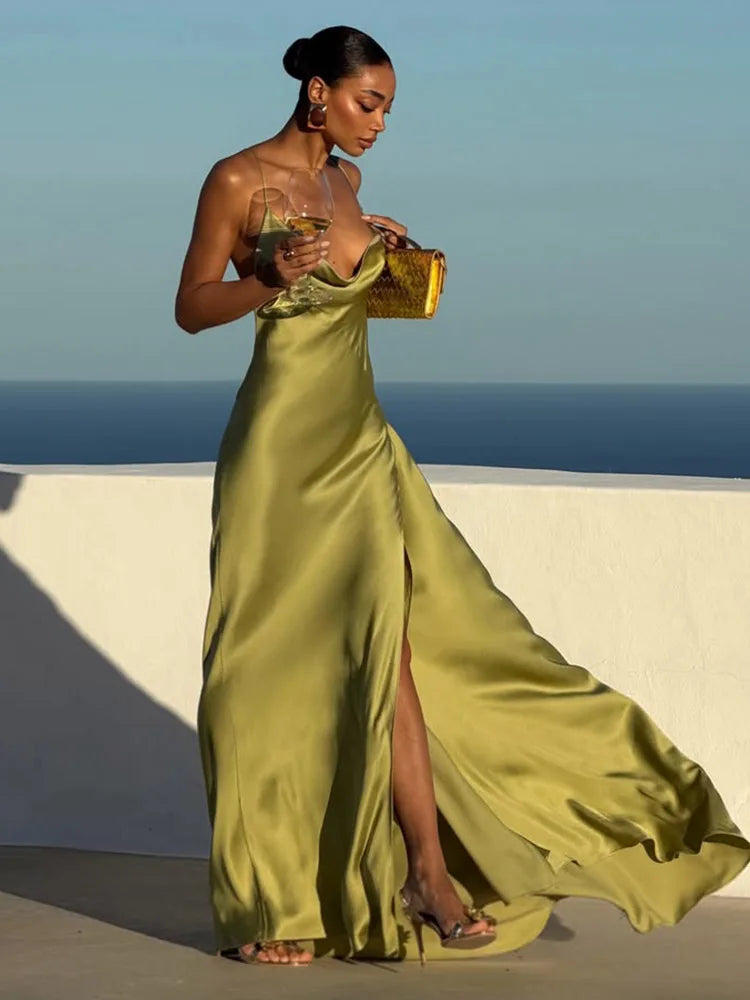 Backless Women Dress Satin Spaghetti Strap Maxi Dresses Back Tail Cowl Drape Front Neck Side Split Hem Elegant Evening Bodycon