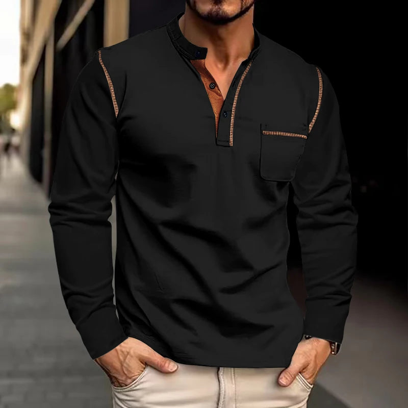 2024 Spring Summer Cross-Border European and American Men's Stand-Up Collar Casual Long-Sleeved Polo Shirt Men's Foreign Trade M