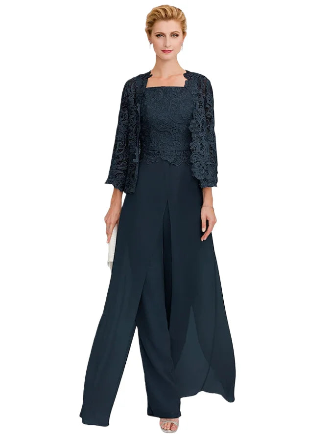 Jumpsuit Pantsuit 3 Piece Floor Length Sleeveless Square Neck Elegant Formal Wedding Guest Chiffon Mother of the Bride Dress