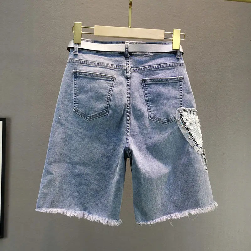 Ladies' Beaded and Sequined Denim Cropped Pants, New Summer Style, Raw-edge Straight-cut, Slim-fitting, Versatile Shorts