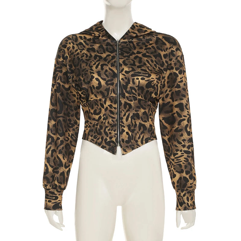 BKLD Women's Classic Hooded Long Sleeved Patchwork Irregular Sexy Zip Up Corset Short Jacket Street Style Leopard Coat Outerwear