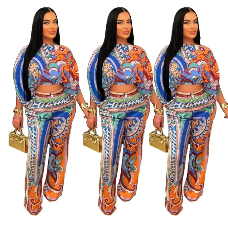 The Best-selling Printed Trouser Suit with A Line Neck and Crop Sleeves