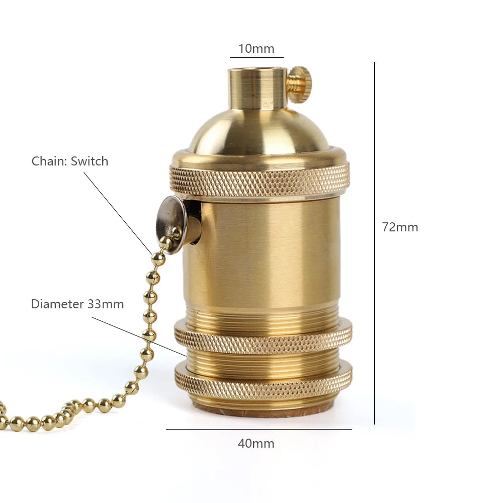Vintage Antique Brass Lamp Holder with Pull Chain Switch, E27/E26 Socket for Ceiling Pendant/Floor/Table Lamps, Retro Metal Ring