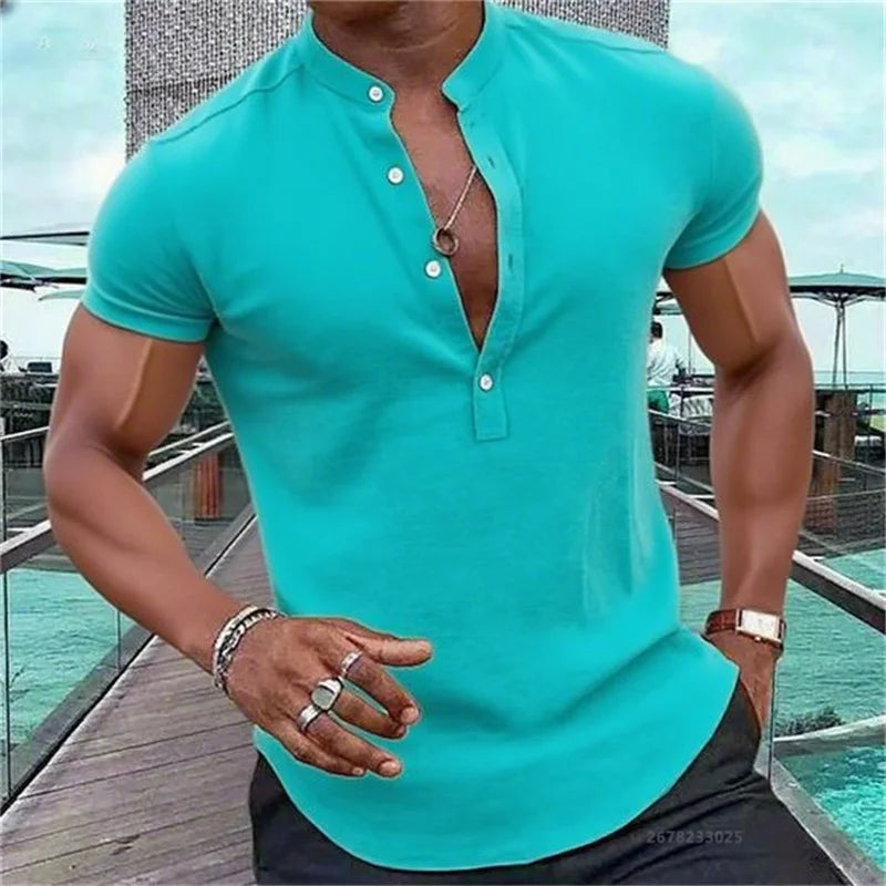 Men's Short-Sleeved Casual Shirt Hawaiian Style Shirt Solid Black Shirt Stand Collar Design Suitable for Beach Vacation XS-5XL