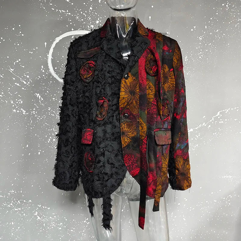 PFHQ Design Silhouette Suit Jacket Autumn 2024 New Loose Slimming Splicin Knitted Red Flowers Contrast Color Male Tops