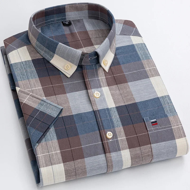 2025 100% Pure Cotton Men's Oxford Short Sleeve Square Collar Soild Plaid Striped Summer Casual Shirts Single Pocket  Shirt