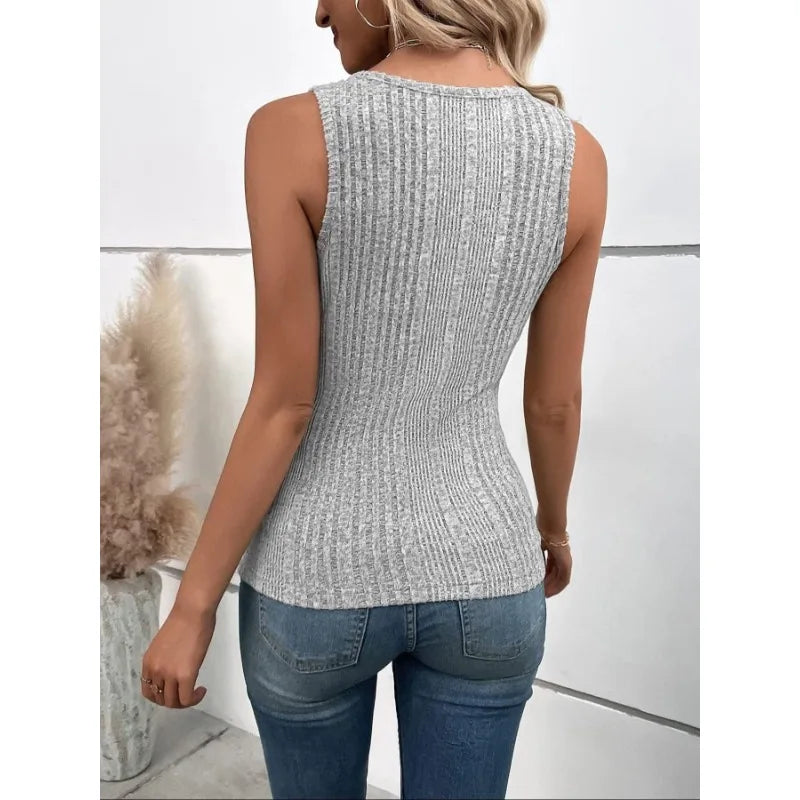 Plus Size Woman's Vest Summer Solid Color Square Neck Buttons Knit Sleeveless Casual Ladies Tops Vests