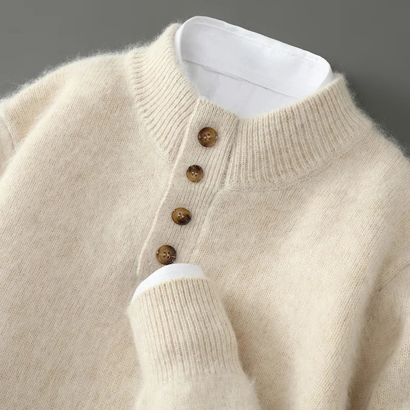 Men's Thicken 100%Pure Mink Cashmere Sweater Youth Button Semi-High Neck Loose Knit Pullovers Autumn and Winter Warm Base Shirt