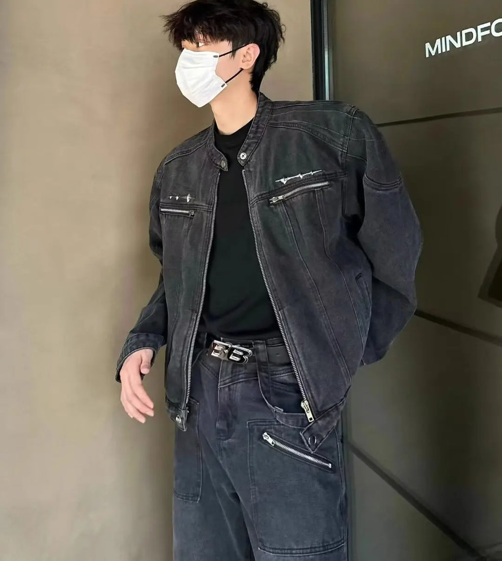 American Vintage Washed Cropped Denim Jacket, Metal Collarless Jacket For Men