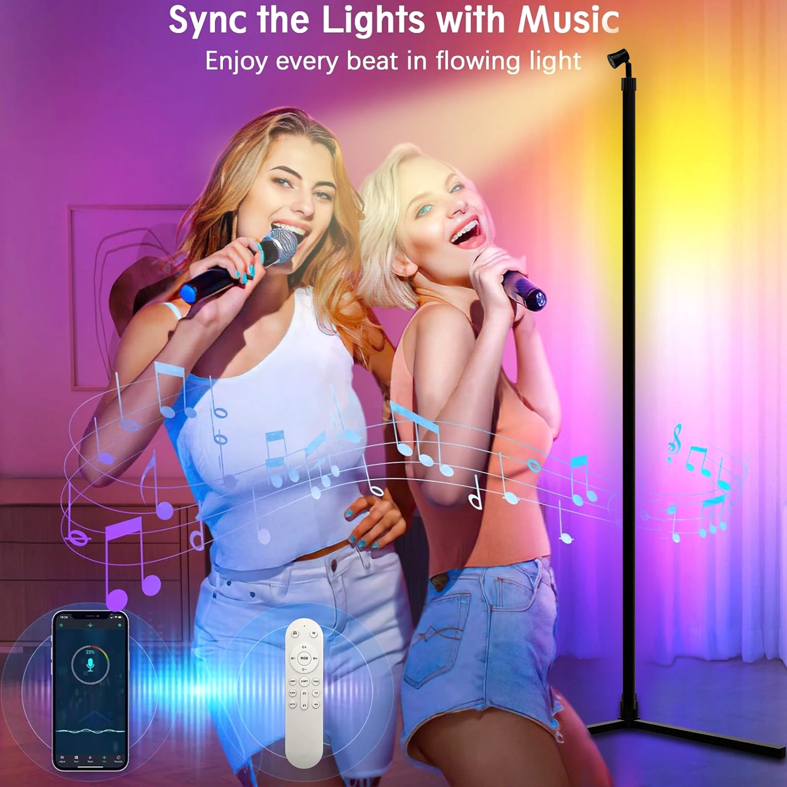 Reinforced Lamp Body 165cm Smart RGB LED Floor Lamp With Sunset Lamp APP Control Music Sync Color Change Standing Mood Light