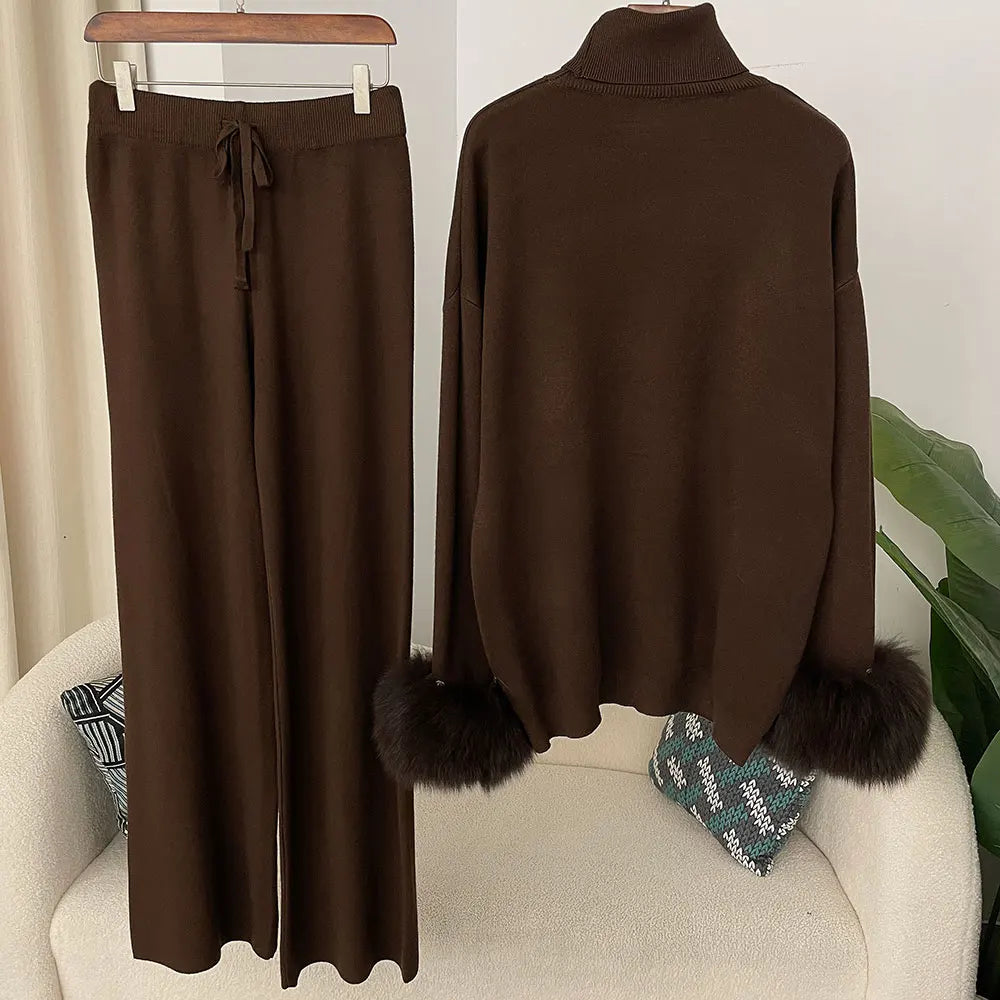 2024 New Fashion Autumn Winter Natural Real Fox Fur Cuffs Coat Knitted Sweater Women Long Pants Set Jacket Thick Warm