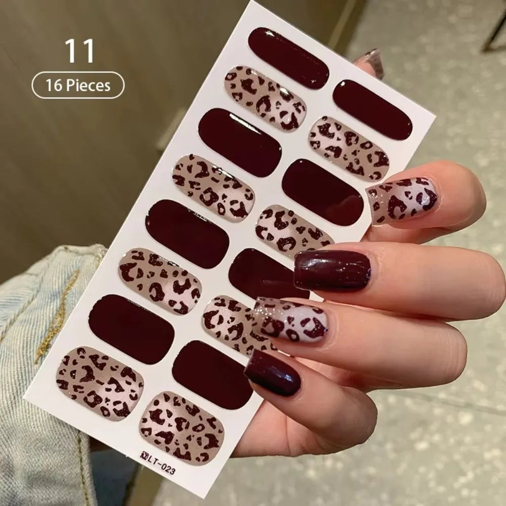 32 Strips Autumn Nail Stickers Semi Cured Full Cover Gel Nail Polish Strips Manicure Leopard Print Nail Patch