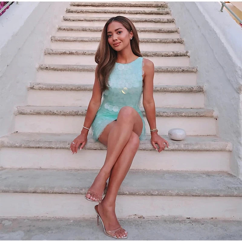 Fashion Sequin Mini Dress Women Sexy O-neck Sleeveless Backless Waist-cinching Slim Dresses 2026 Summer Lady Vacation Robe
