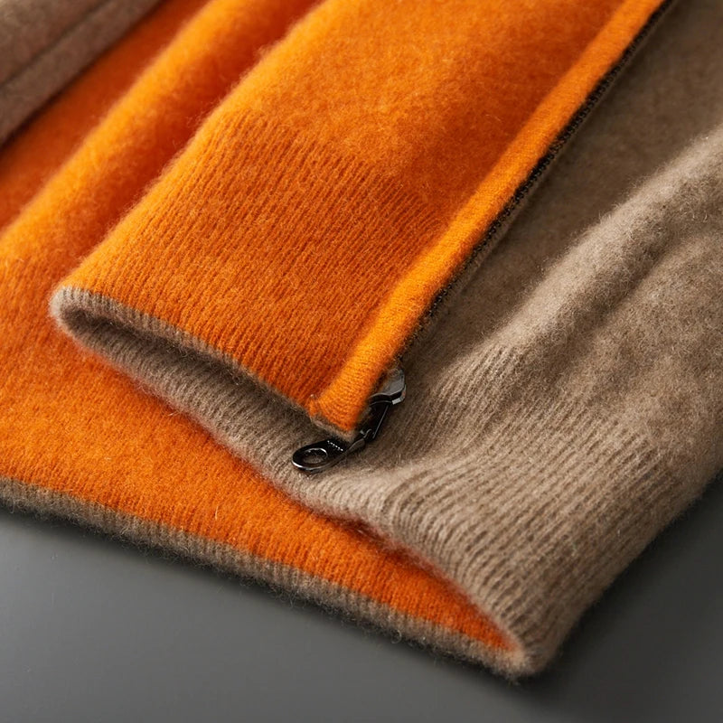 New Men's 100% Merino Wool Double Sided Wearable Hooded Sweater Casual Autumn Winter Coat Long Sleeved Men's Wool Sweater Tops