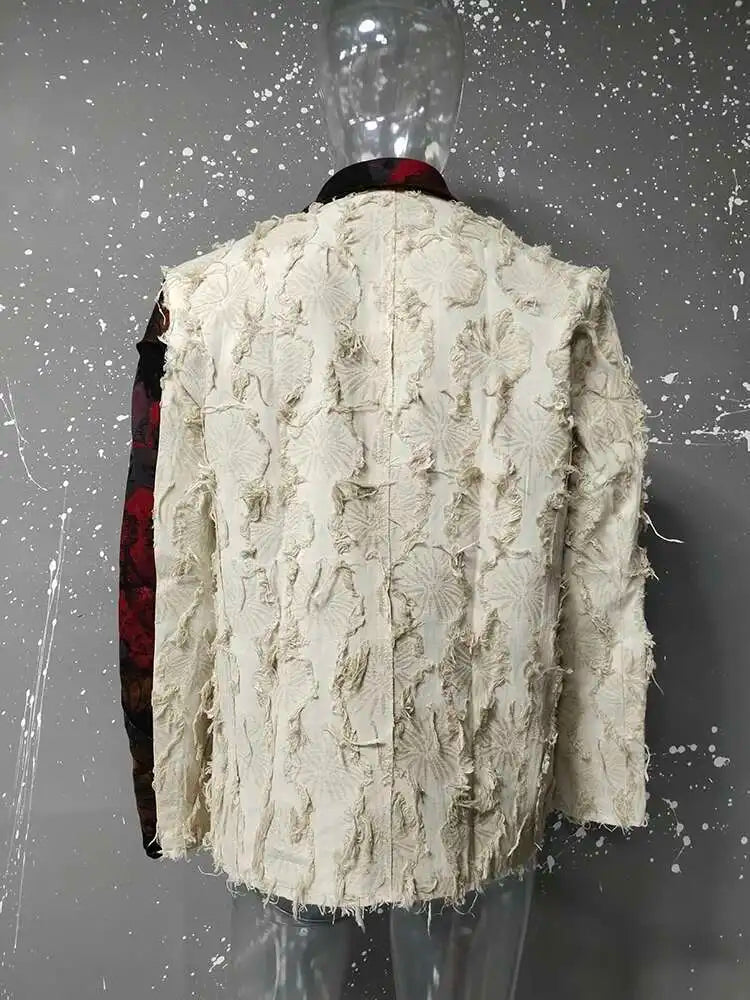 PFHQ Design Silhouette Suit Jacket Autumn 2024 New Loose Slimming Splicin Knitted Red Flowers Contrast Color Male Tops