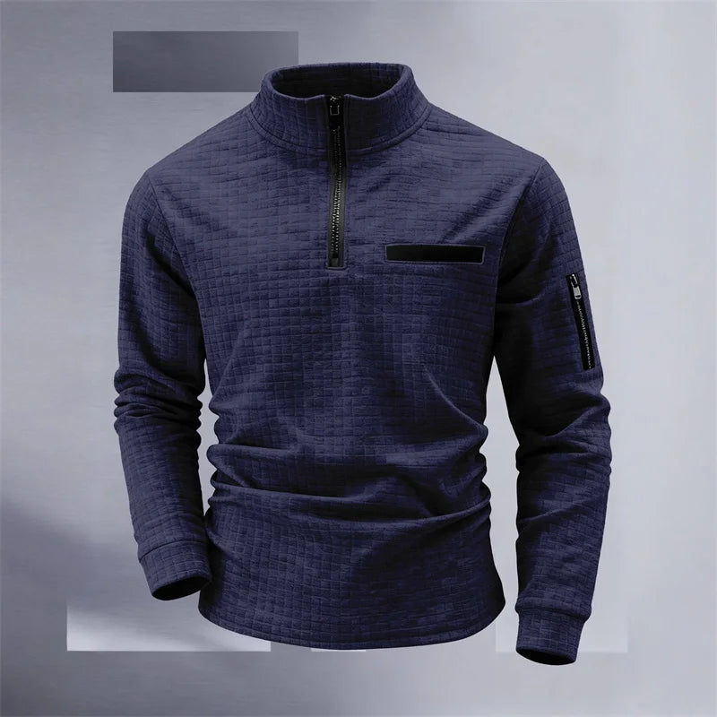New men's athletic polo shirt, vintage striped design with half-zip closure, slim fit, stylish outdoor long-sleeved casual top.