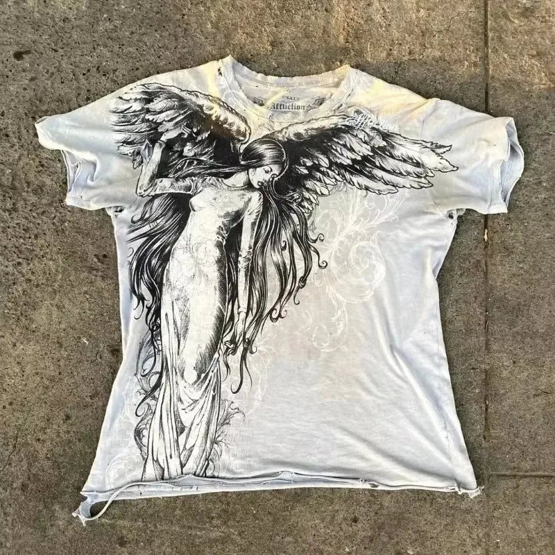 Summer Double-Sided Printed T-Shirt Mens American Hip-Hop High Street Fashion Baggy Short-Sleeved Unisex Street Style Tee