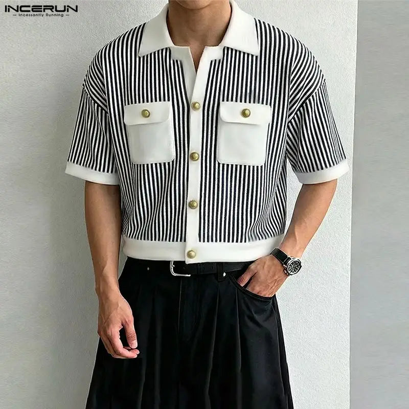 INCERUN Men Shirt Striped Patchwork Lapel Short Sleeve Casual Men Clothing Summer Color-block Fashion Leisure Tops Male Shirts