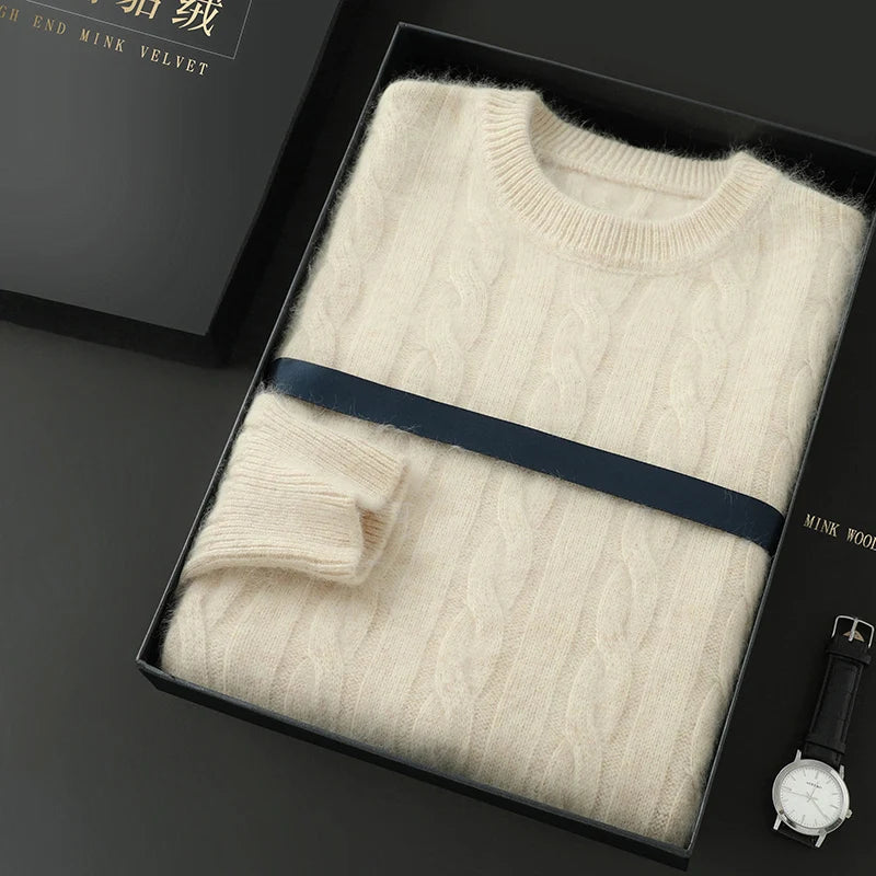 Men's Round Neck Pullover Sweater For Autumn Winter 100% Pure Mink Cashmere Knitted Sweater, Casual Long Sleeved Thick Warm Base