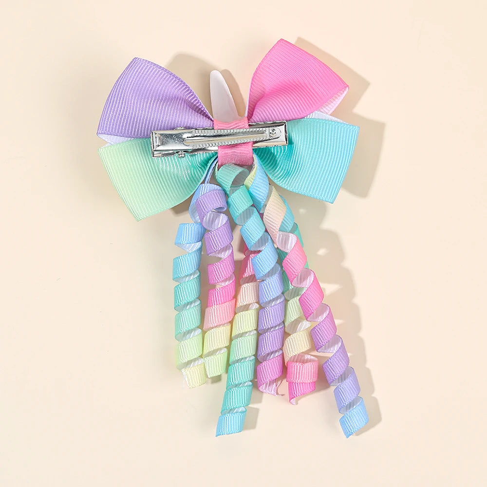 2Pcs Rainbow Unicorn Hair Clip Cute Curly Ribbon Tassel Magical Bow Hairpin For Kids Girls Party Daily Use Headwear Accessories